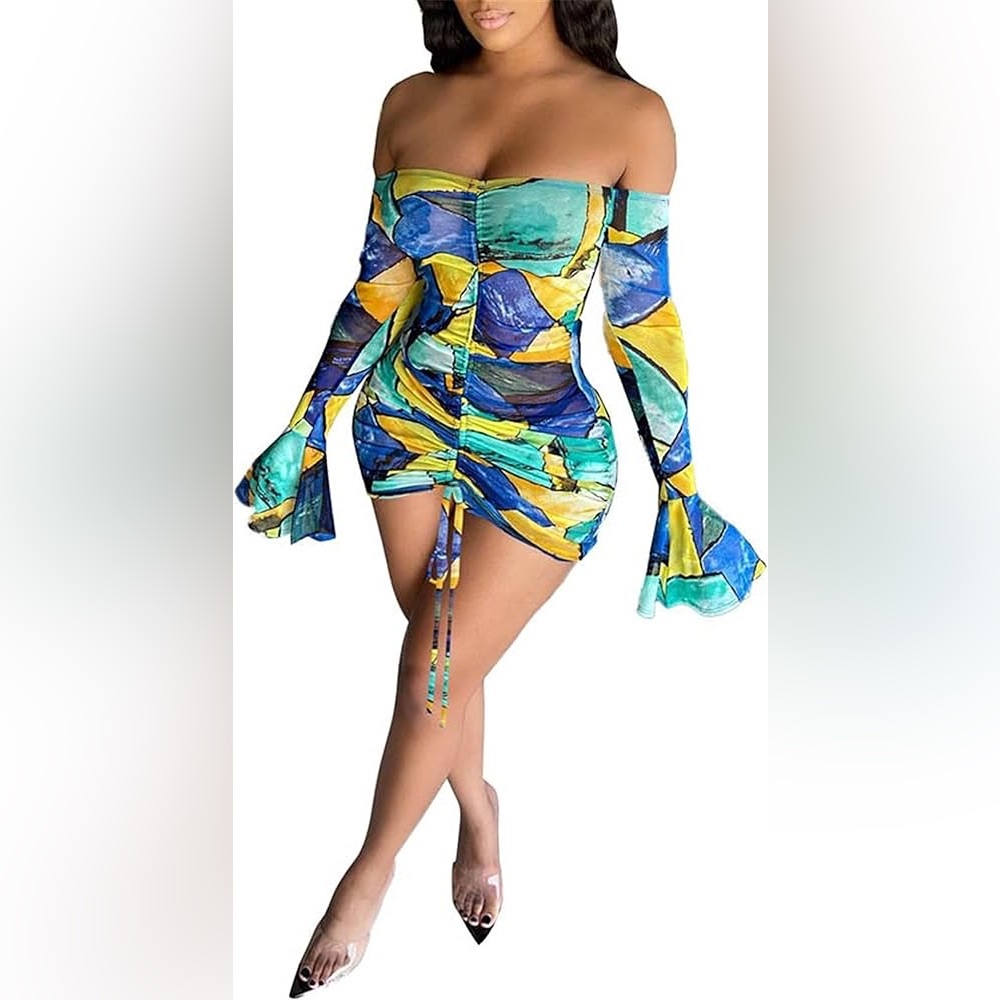 Women's Sexy Abstract Print Mesh Mini Dress Off Shoulder Ruched Front M